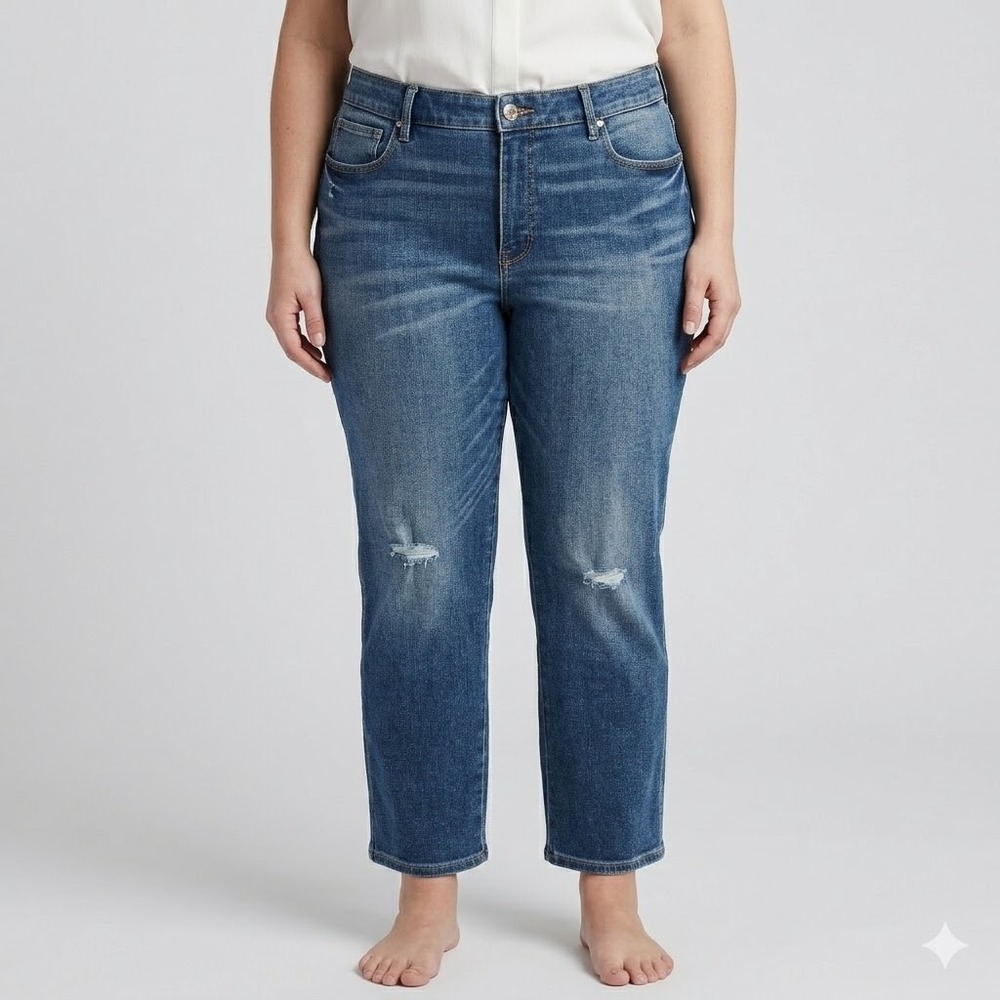 WHBM The Sculpt Distressed Straight Crop High Rise Jeans 14‎ Blue